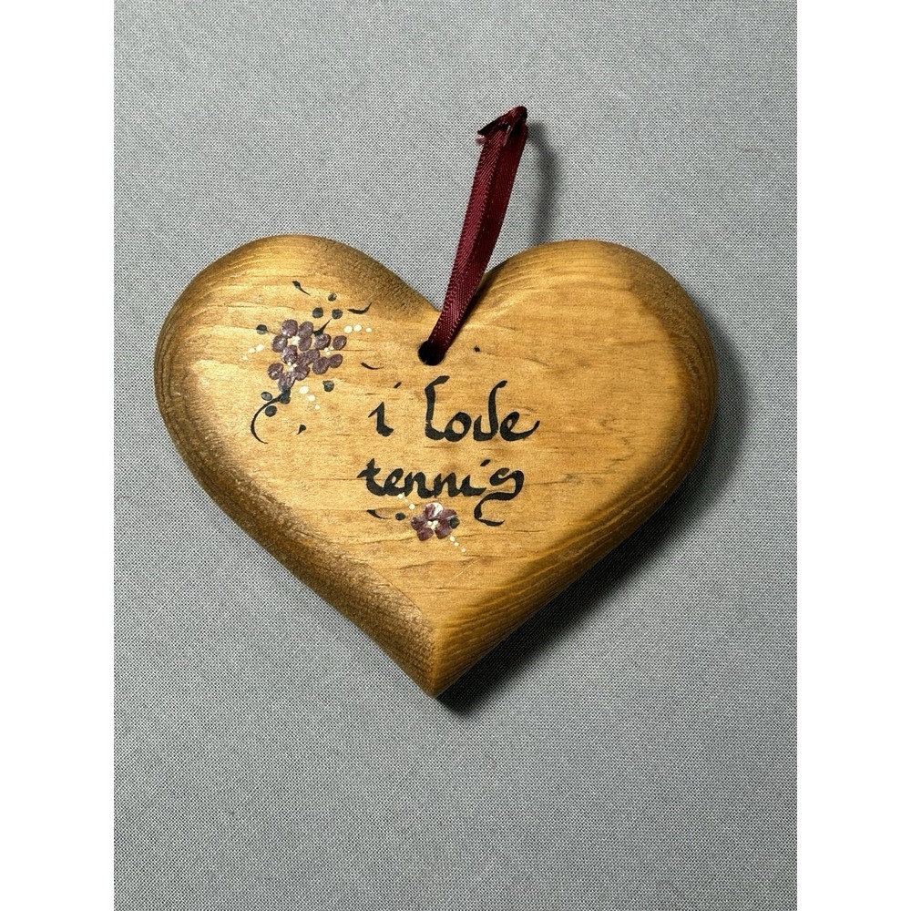 Vintage Wood Heart I Love Tennis ornament 3"x4"x3/4" handmade